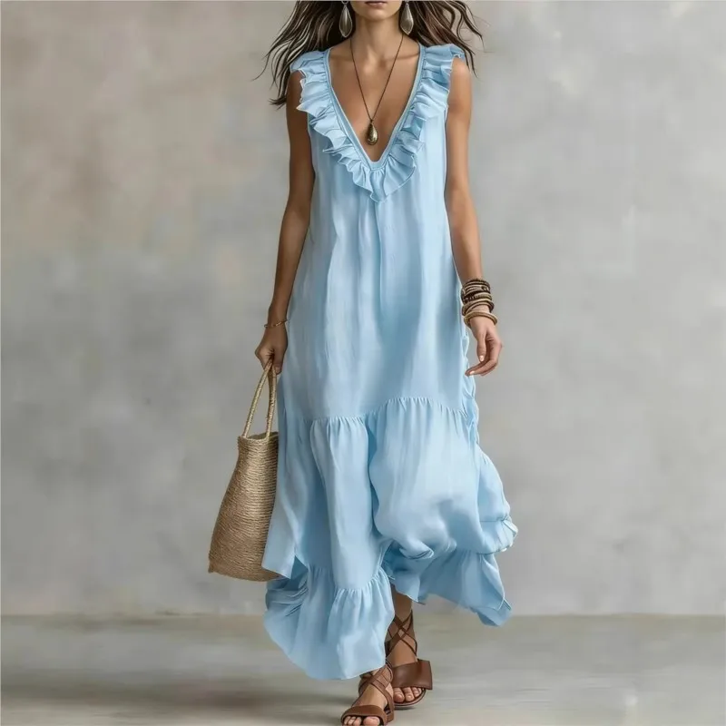 New Women's Casual Sleeveless V-neck Large Swing Dresses Summer Fashion Ruffles Loose Dress Woman Holiday Party Dress Vestidos
New Women's Casual Sleeveless V-neck Large Swing Dresses Summer Fashion Ruffles Loose Dress Woman Holiday Party Dress Vestidos