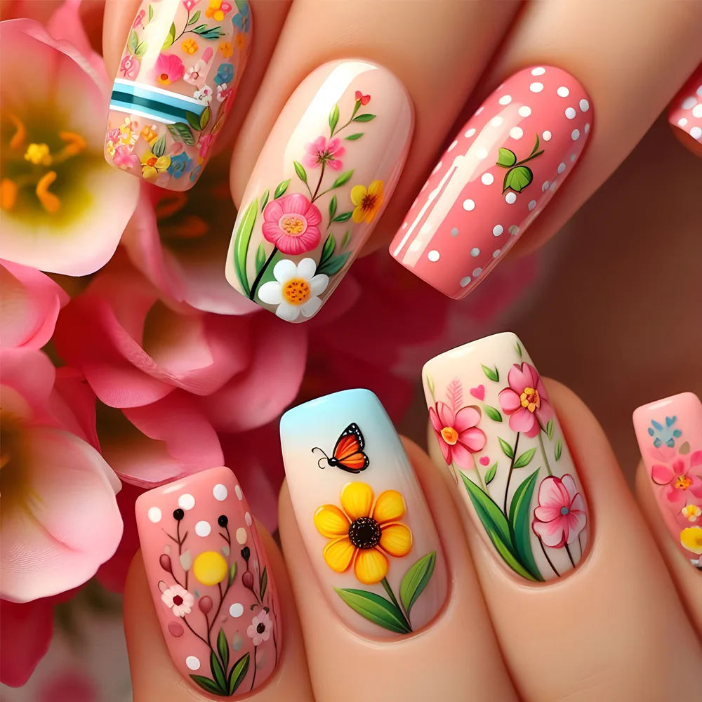 24pcs Spring Summer Fresh Press on Nails Colorful Flowers Butterfly Pattern False Nail Tips Wearable Short Ballet Fake Nails
24pcs Spring Summer Fresh Press on Nails Colorful Flowers Butterfly Pattern False Nail Tips Wearable Short Ballet Fake Nails