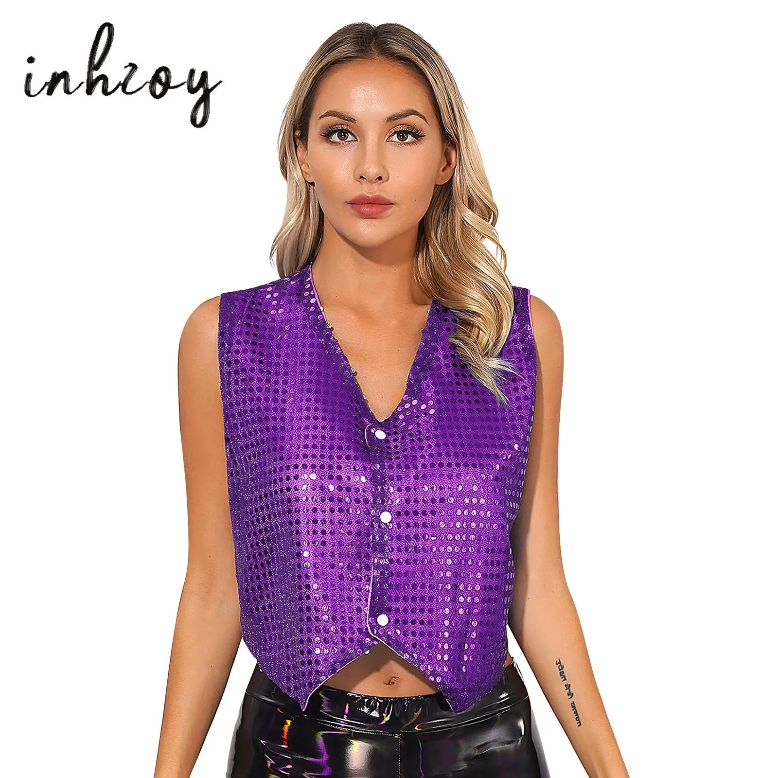 Womens Glitter Sequins Vest Coat Jazz Dance Top Button Up Pointed Hem Waistcoat for Choir Stage Performance Costume Streetwear
Womens Glitter Sequins Vest Coat Jazz Dance Top Button Up Pointed Hem Waistcoat for Choir Stage Performance Costume Streetwear