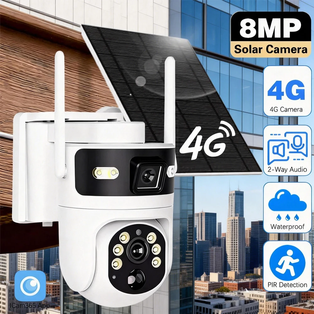 8MP Solar 4G IP Camera CCTV Dual Lens Dual Screen PIR Detection Outdoor 4K 4G Surveillance Audio PTZ Camera Security Protection
8MP Solar 4G IP Camera CCTV Dual Lens Dual Screen PIR Detection Outdoor 4K 4G Surveillance Audio PTZ Camera Security Protection