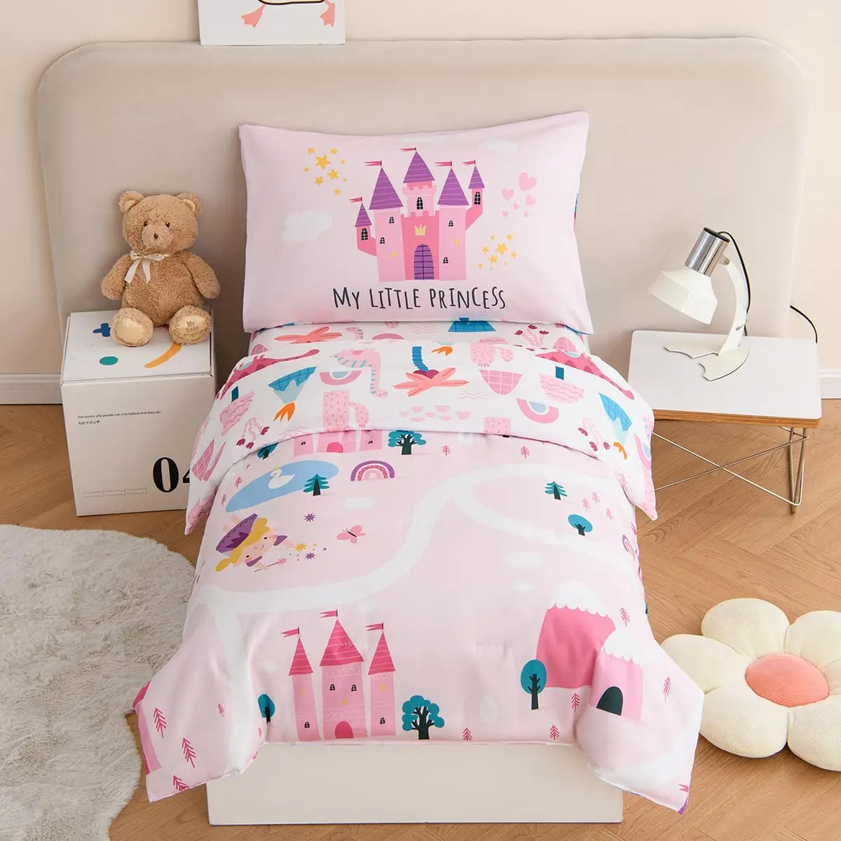 4-Piece Pink Castle Fairy Tales Toddler Bedding Set with Reversible Rainbow Princess Print, Includes Comforter and Sheets
4-Piece Pink Castle Fairy Tales Toddler Bedding Set with Reversible Rainbow Princess Print, Includes Comforter and Sheets