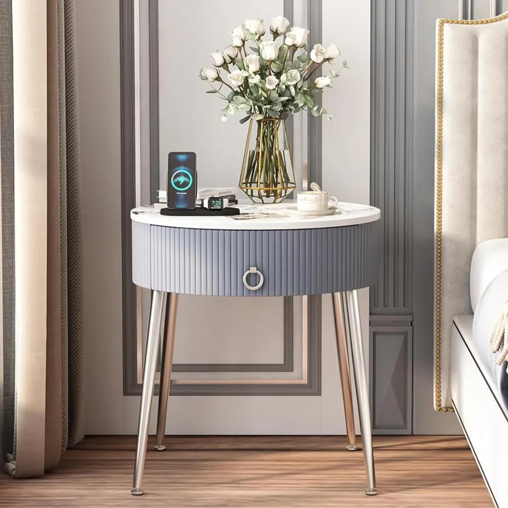 Nightstands, Round with Drawer, Modern Side Table with Natural Stone Tabletop and Chrome Finish Metal Legs, Nightstands
Nightstands, Round with Drawer, Modern Side Table with Natural Stone Tabletop and Chrome Finish Metal Legs, Nightstands