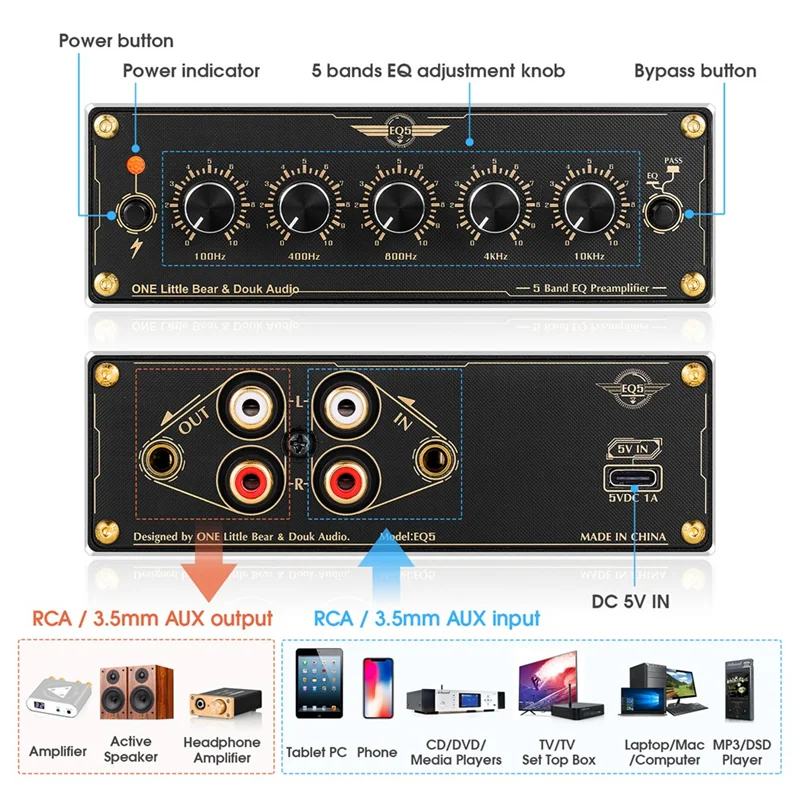 TCES-EQ5 2.0 Channel Mni 5-Band Analog EQ Preamp Audio Equalizer Home/Car Audio Processor Stereo Pre-Amplifier
TCES-EQ5 2.0 Channel Mni 5-Band Analog EQ Preamp Audio Equalizer Home/Car Audio Processor Stereo Pre-Amplifier