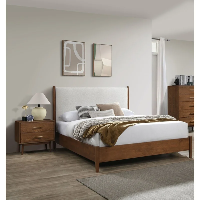 Eastern King Bedroom Set with 3pc Design, Beige Upholstered Fabric Panel, Mid-Century Modern Style, Walnut Finish, 2 Nightstands
Eastern King Bedroom Set with 3pc Design, Beige Upholstered Fabric Panel, Mid-Century Modern Style, Walnut Finish, 2 Nightstands