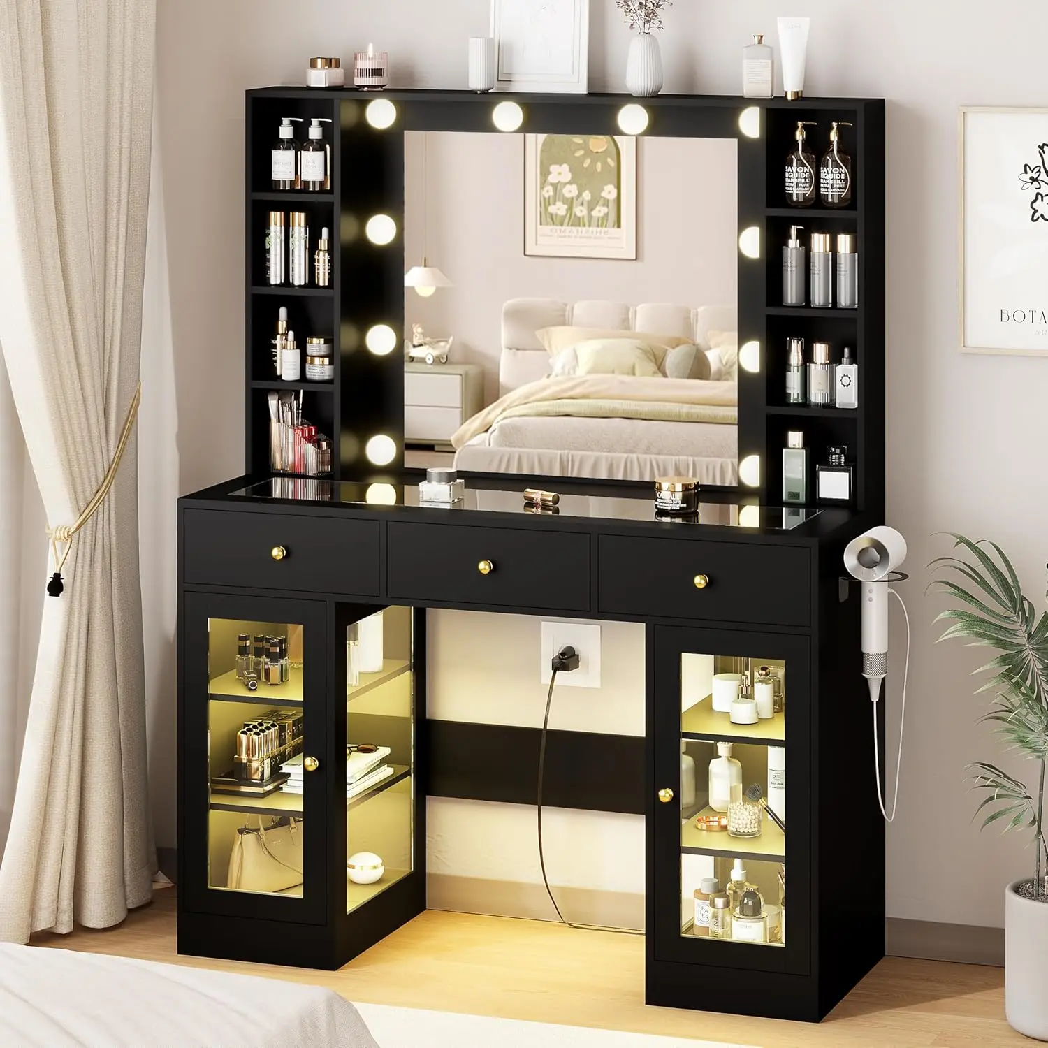Black Vanity Desk with Mirror and Lights, Glass Top Vanity with Lighted Mirror & RGB Glass Cabinet
Black Vanity Desk with Mirror and Lights, Glass Top Vanity with Lighted Mirror & RGB Glass Cabinet