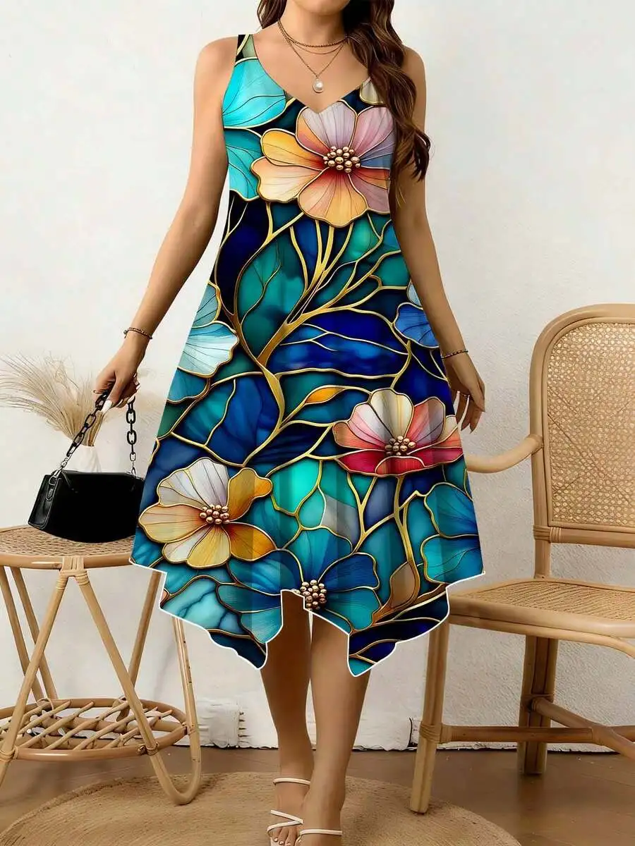 Floral Print Women V Neck Sleeveless Dress Irregular Hem Breathable Summer Casual Dress
Floral Print Women V Neck Sleeveless Dress Irregular Hem Breathable Summer Casual Dress