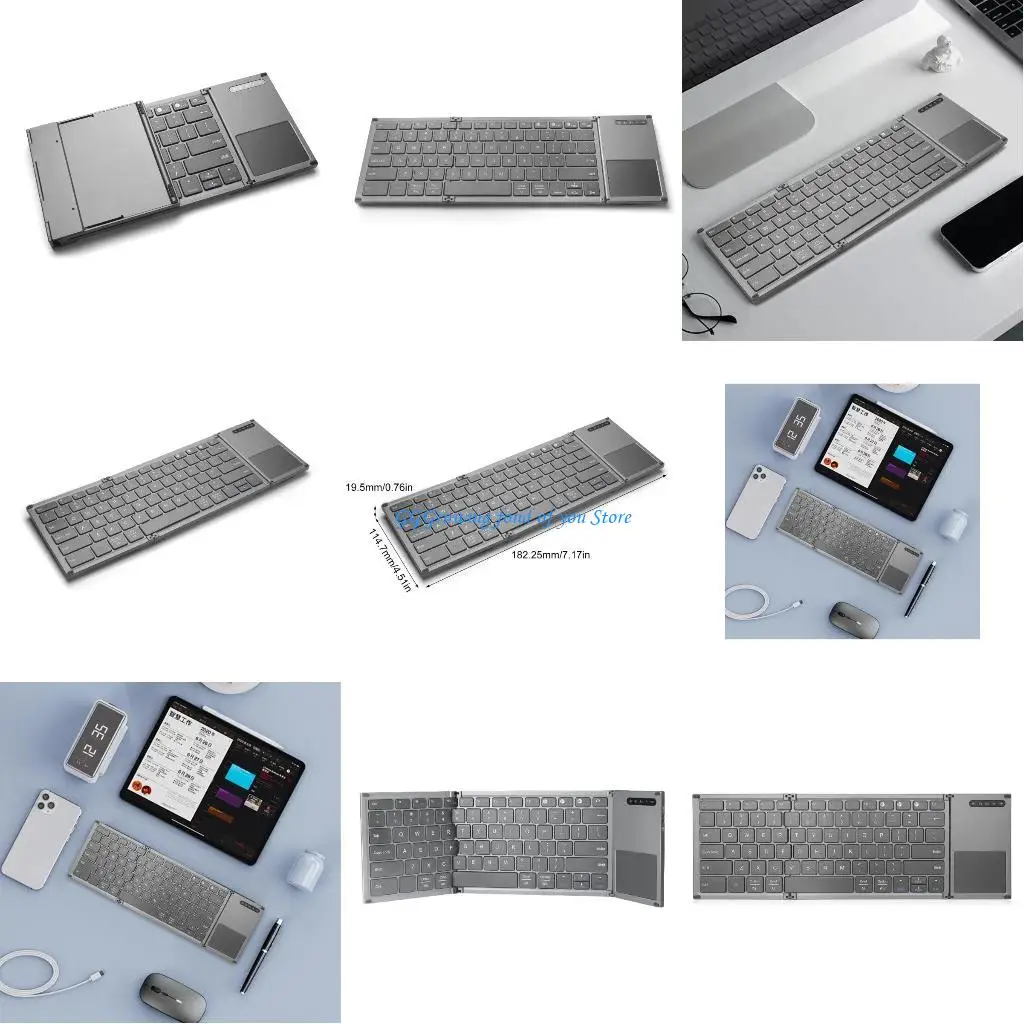 H9EB Portable Bluetooth-compatible Keyboards With Touchpads, Foldable Wireless Triple Fold Keyboards Multiple Systems