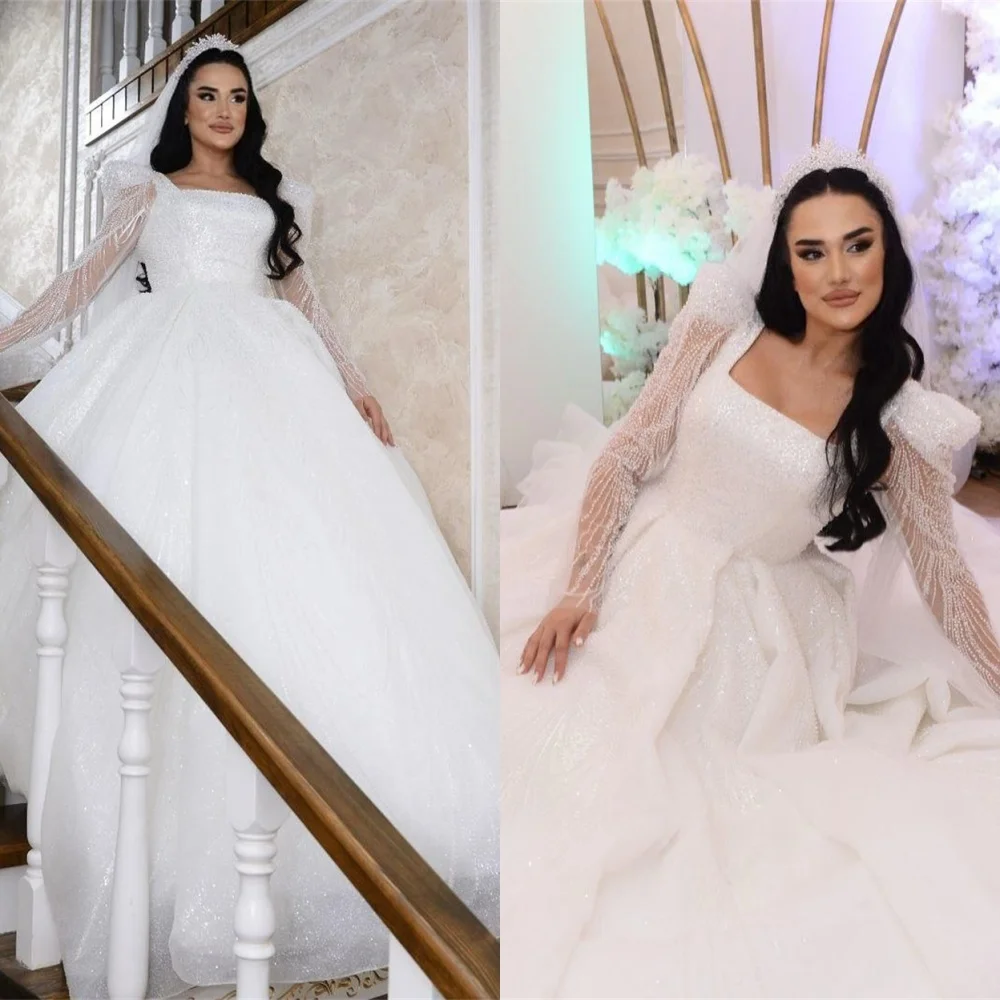Customized Exquisite White Organza Wedding Dresses Simple Square Collar Long Sleeves Bridal Gowns Chapel Train Beading Dress
Customized Exquisite White Organza Wedding Dresses Simple Square Collar Long Sleeves Bridal Gowns Chapel Train Beading Dress