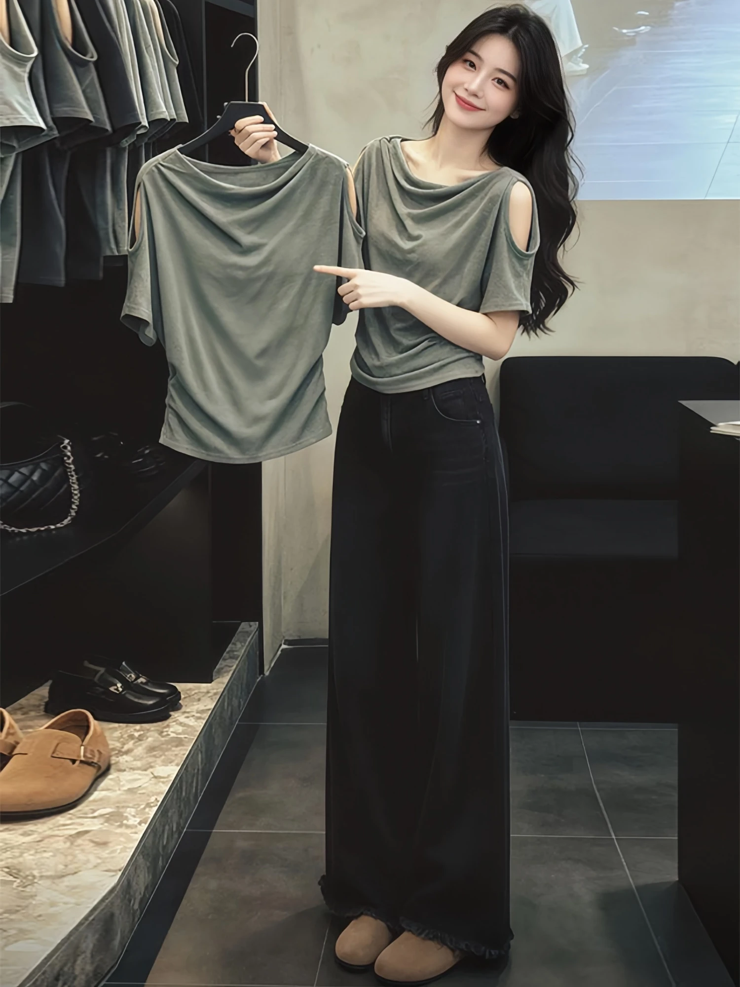 Loose Fit Korean Style Shoulder Bared Short Sleeve T-Shirt Women's Summer New Fashion Slim Waist High Waist Design Casual Wear
Loose Fit Korean Style Shoulder Bared Short Sleeve T-Shirt Women's Summer New Fashion Slim Waist High Waist Design Casual Wear