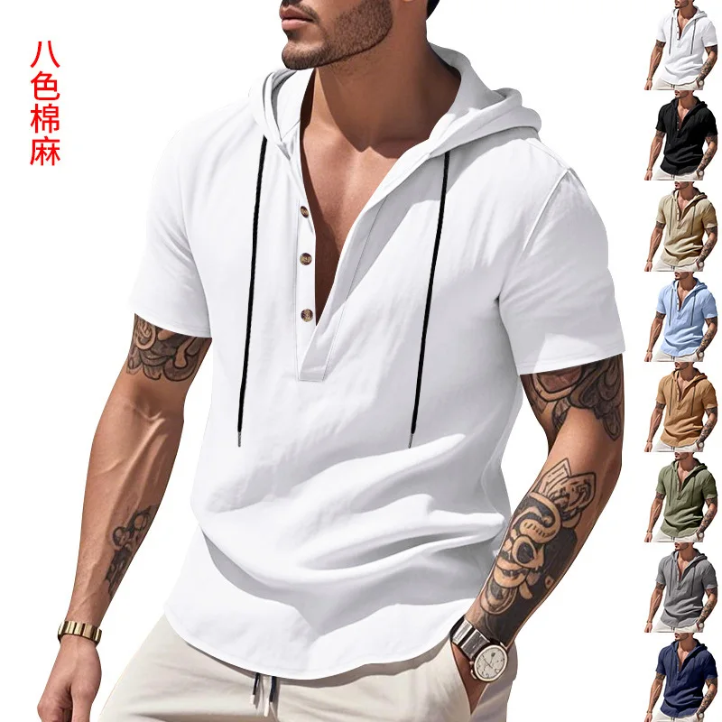 Summer new men's shirts, loose and casual, linen breathable beach hooded Henry shirt short-sleeved shirt men's T-shirt
Summer new men's shirts, loose and casual, linen breathable beach hooded Henry shirt short-sleeved shirt men's T-shirt
