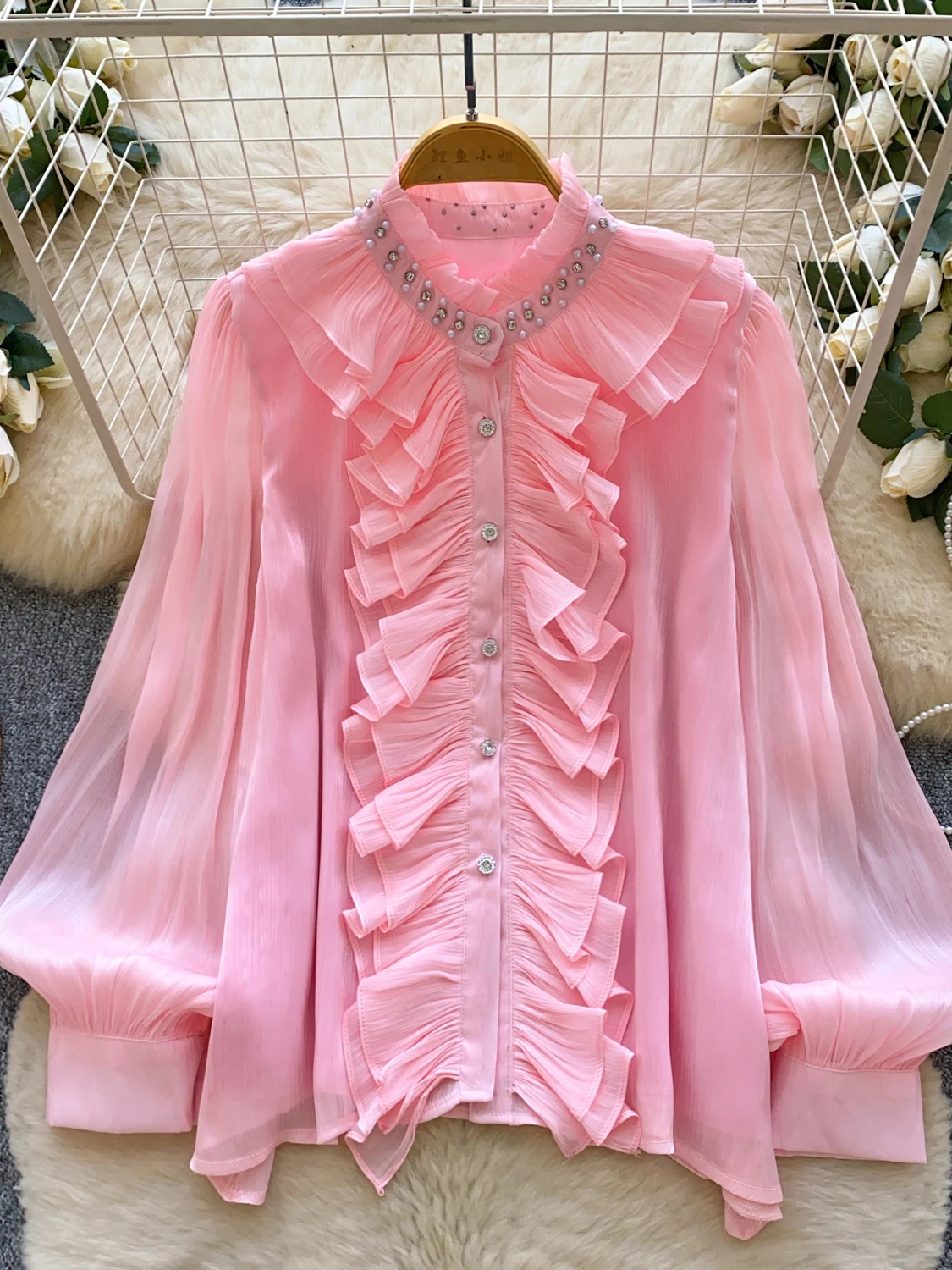 Elegant Heavy Embellished Ruffle Sleeve Shirt Women's Commute Anti-Aging Sweet Top Wooden Bead Embellished Casual Shirt
Elegant Heavy Embellished Ruffle Sleeve Shirt Women's Commute Anti-Aging Sweet Top Wooden Bead Embellished Casual Shirt