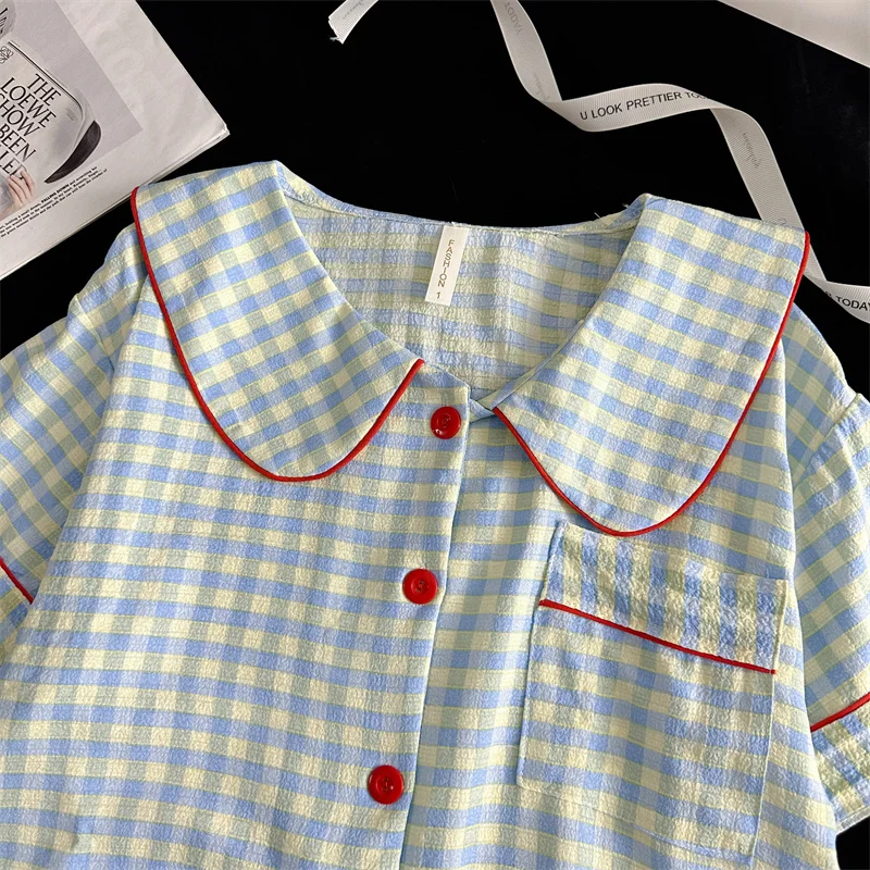 Summer Short Sleeve Sleepwear Women's Bubble Gauze Pleated Cardigan Sweet Little Cherry Thin Home Clothes Set Casual Style 17 Sfd53a7c967194c73a8b277f698a8a364H
