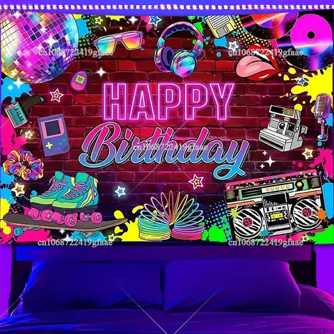Tapiz de luz negra de feliz cumpleaños que brilla en la oscuridad, tapices luminosos de Graffiti reactivos UV, telón de fondo de neón, tapices de luz negra