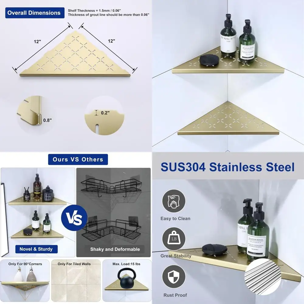 12 Double Pack Shower Shelves, Stainless Steel for Bathroom, Recessed Organizer, No Drilling, Brushed Gold Finish
12 Double Pack Shower Shelves, Stainless Steel for Bathroom, Recessed Organizer, No Drilling, Brushed Gold Finish