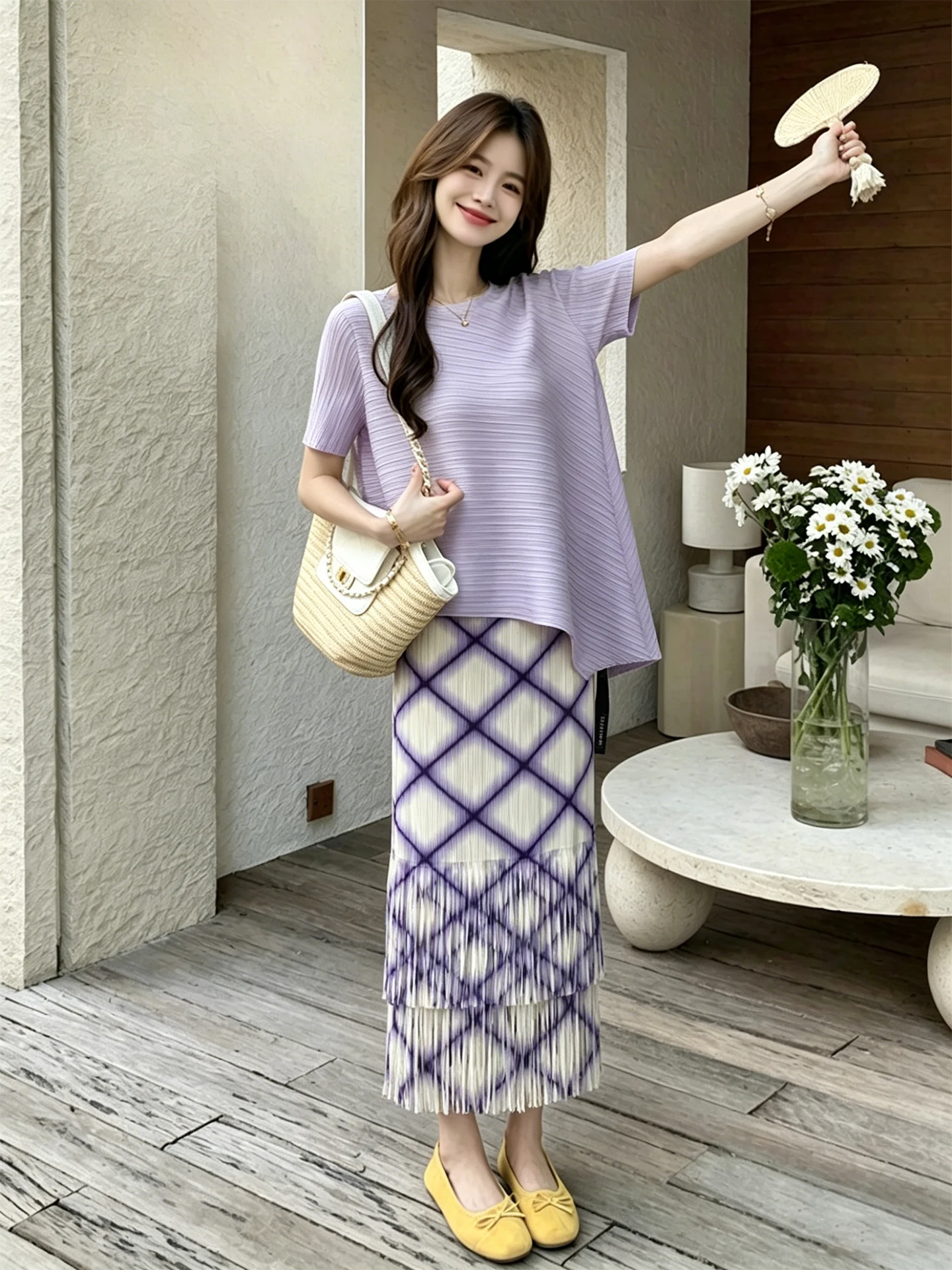 Summer Anti-Aging Fashion Set Women's Tassel Hem Pleated Top Skirt Two-Piece Set round Neck Plaid Pattern Casual Workwear
Summer Anti-Aging Fashion Set Women's Tassel Hem Pleated Top Skirt Two-Piece Set round Neck Plaid Pattern Casual Workwear