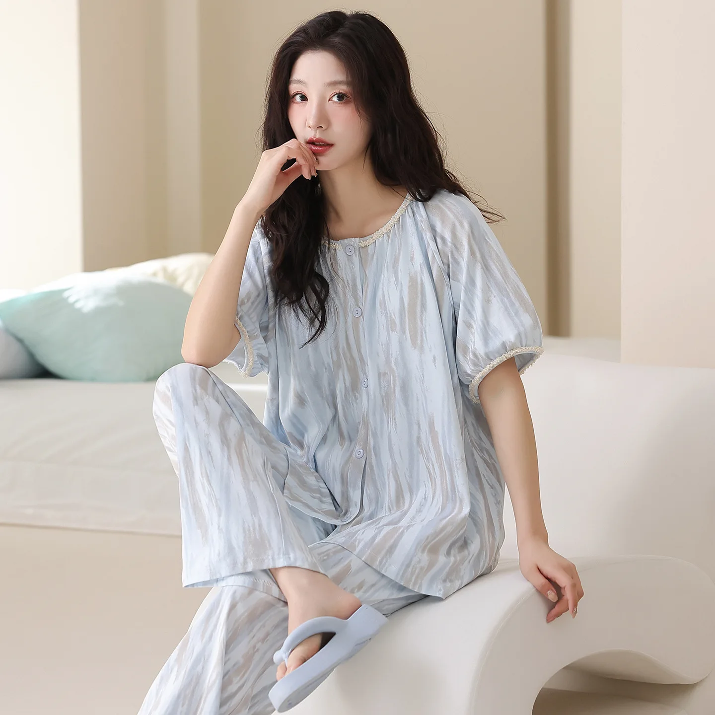 2 Pieces Set Cotton Sleepwear for Women 2026 Fashion Summer Loungewear Ladies Nightwear Cardigan Short Sleeve Long Pant Dropship
2 Pieces Set Cotton Sleepwear for Women 2026 Fashion Summer Loungewear Ladies Nightwear Cardigan Short Sleeve Long Pant Dropship