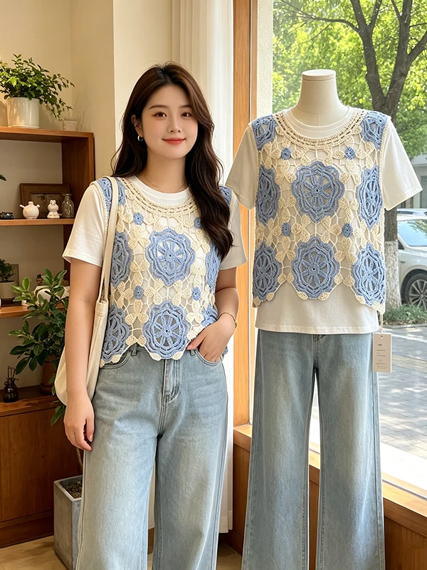 plus Size Summer T-Shirt Set Blue Hollow out Design Slimming Top And Bottoms Breathable Comfortable Short Sleeve round Neck
plus Size Summer T-Shirt Set Blue Hollow out Design Slimming Top And Bottoms Breathable Comfortable Short Sleeve round Neck