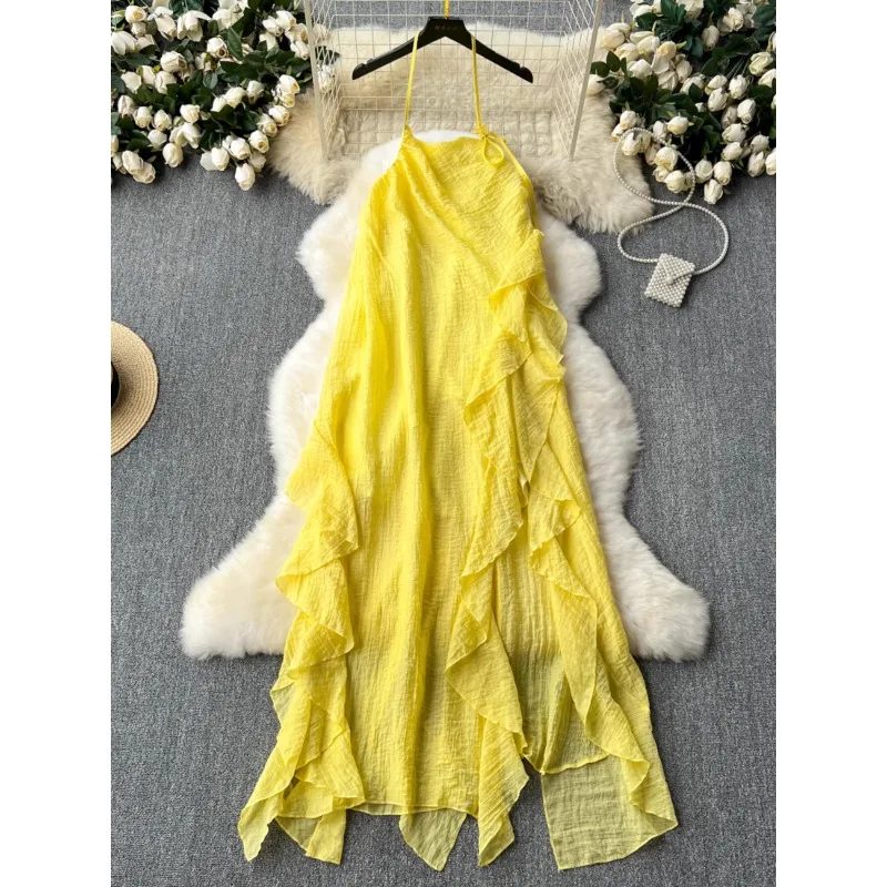 Yellow Holiday Style Beach Party Long Dress Women Design Stitching Halter Strap Fairy Dress Summer Ruffled Long Dress vestidos
Yellow Holiday Style Beach Party Long Dress Women Design Stitching Halter Strap Fairy Dress Summer Ruffled Long Dress vestidos