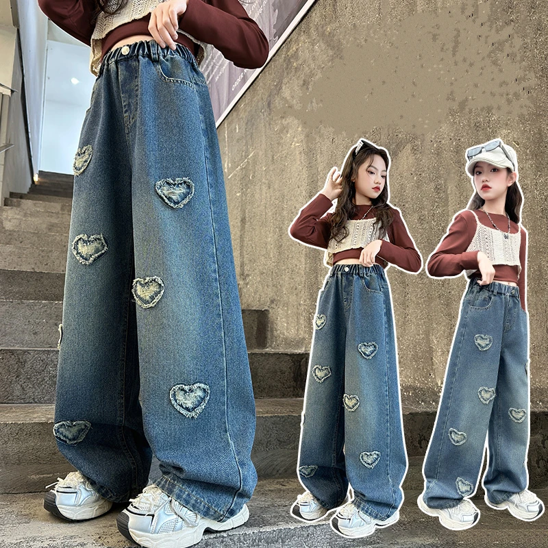 Autumn Kids Loose Straight Ripped Jeans with Heart Applique for Girls High Fashion Distressed Denim Pants Child Casual Trousers
Autumn Kids Loose Straight Ripped Jeans with Heart Applique for Girls High Fashion Distressed Denim Pants Child Casual Trousers