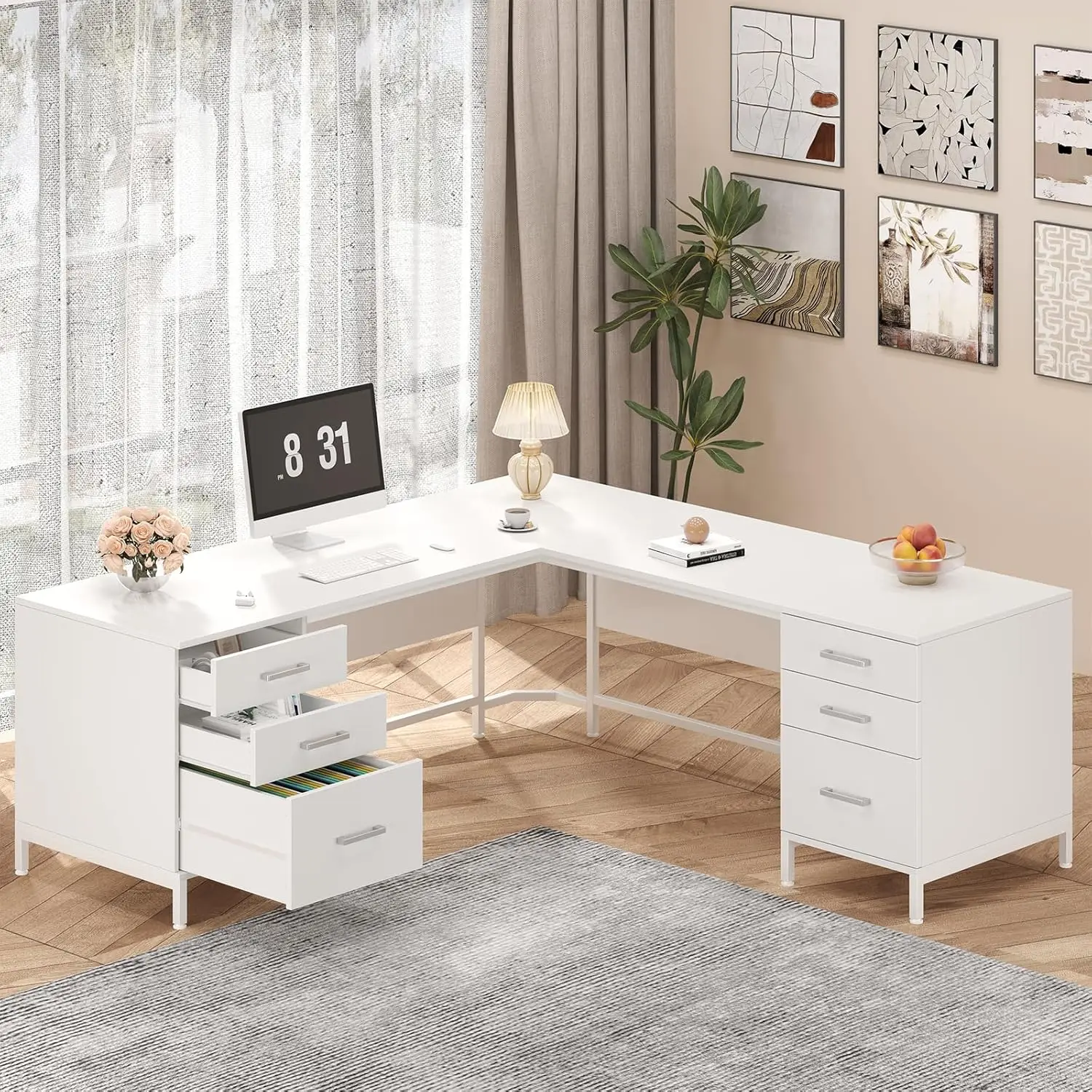 59" L-Shaped Executive Desk with 6 Drawers & Storage Cabinet, Metal Frame Wood Top, Home Office Corner Workstation, Customized
59" L-Shaped Executive Desk with 6 Drawers & Storage Cabinet, Metal Frame Wood Top, Home Office Corner Workstation, Customized
