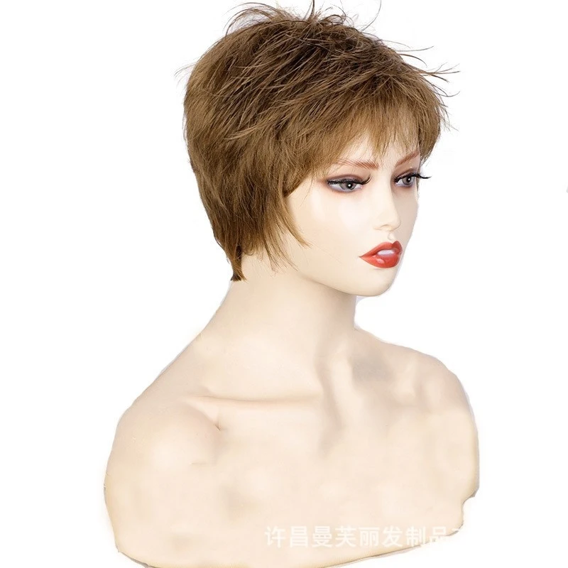 European-style women's wig, light brown short straight hair, fluffy side bangs, synthetic fiber, rose net cap wigs
European-style women's wig, light brown short straight hair, fluffy side bangs, synthetic fiber, rose net cap wigs