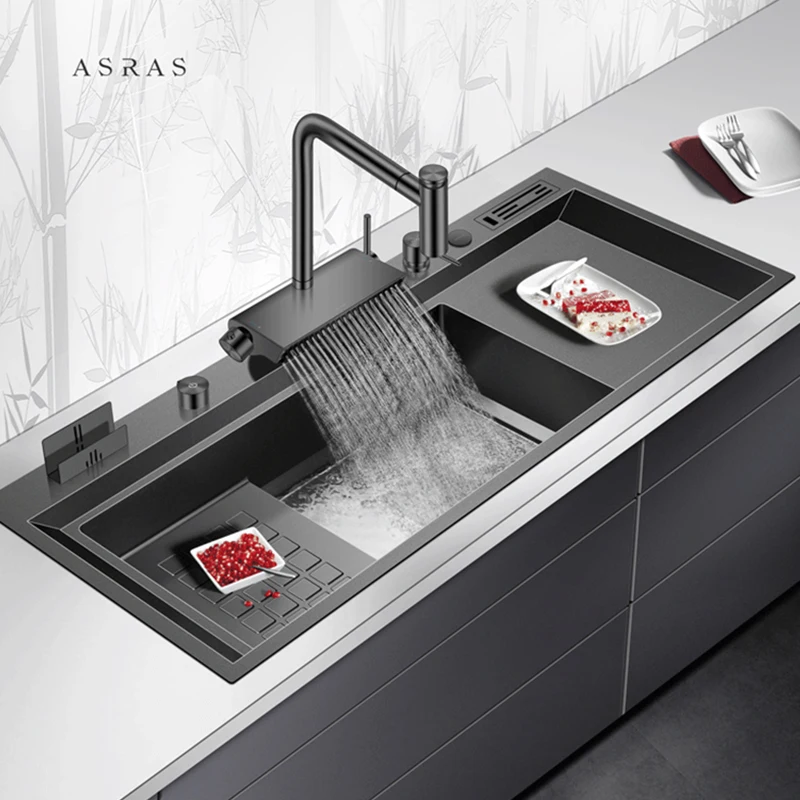 2023 Nanometer Black Kitchen Sink 4mm Thickness Large Size Handmade Step Drain Plate Kitchen Sink Waterfall Faucet Sinks
2023 Nanometer Black Kitchen Sink 4mm Thickness Large Size Handmade Step Drain Plate Kitchen Sink Waterfall Faucet Sinks