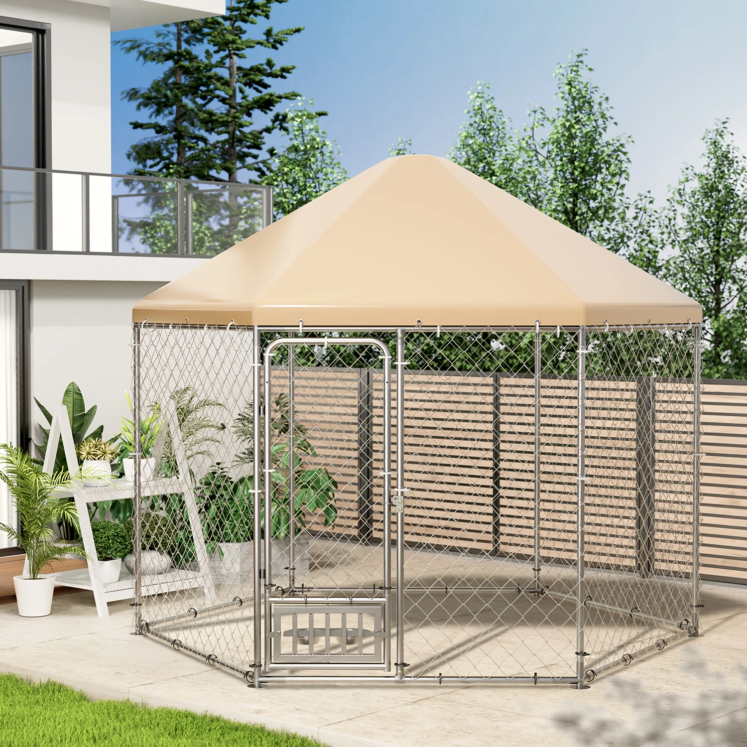 Outdoor Dog Kennel with Roof, Large Dog Kennel Outdoor with Rotating Feeding Bowls, Heavy Duty Hexagonal Dog Pens Outside for Ba
Outdoor Dog Kennel with Roof, Large Dog Kennel Outdoor with Rotating Feeding Bowls, Heavy Duty Hexagonal Dog Pens Outside for Ba