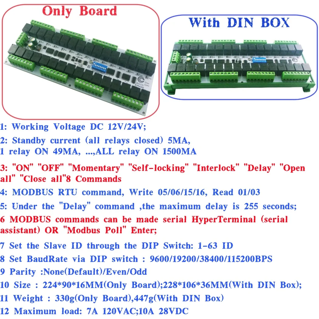 32CH Multifunction Modbus RTU Switch PLC Remote IO Board Easy to Instal DC 12V 24V 20A RS485 Relay Module
32CH Multifunction Modbus RTU Switch PLC Remote IO Board Easy to Instal DC 12V 24V 20A RS485 Relay Module
