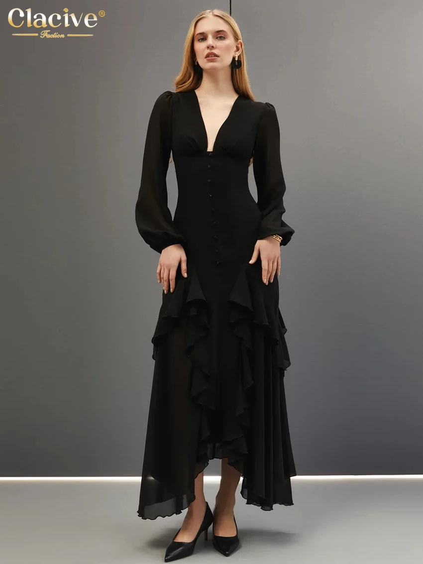 Clacive Fashion Slim Black Women Dress 2025 Sexy V-Neck Long Sleeve Ankle Length Dresses Elegant High Waist Ruffle Female Dress
Clacive Fashion Slim Black Women Dress 2025 Sexy V-Neck Long Sleeve Ankle Length Dresses Elegant High Waist Ruffle Female Dress