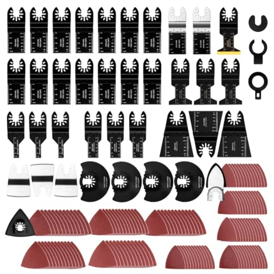 159 PCS Oscillating Saw Blades with Sandpaper, Universal Titanium Multitool Blades for Wood/Plastics/Metal, Quick Release Multi
159 PCS Oscillating Saw Blades with Sandpaper, Universal Titanium Multitool Blades for Wood/Plastics/Metal, Quick Release Multi