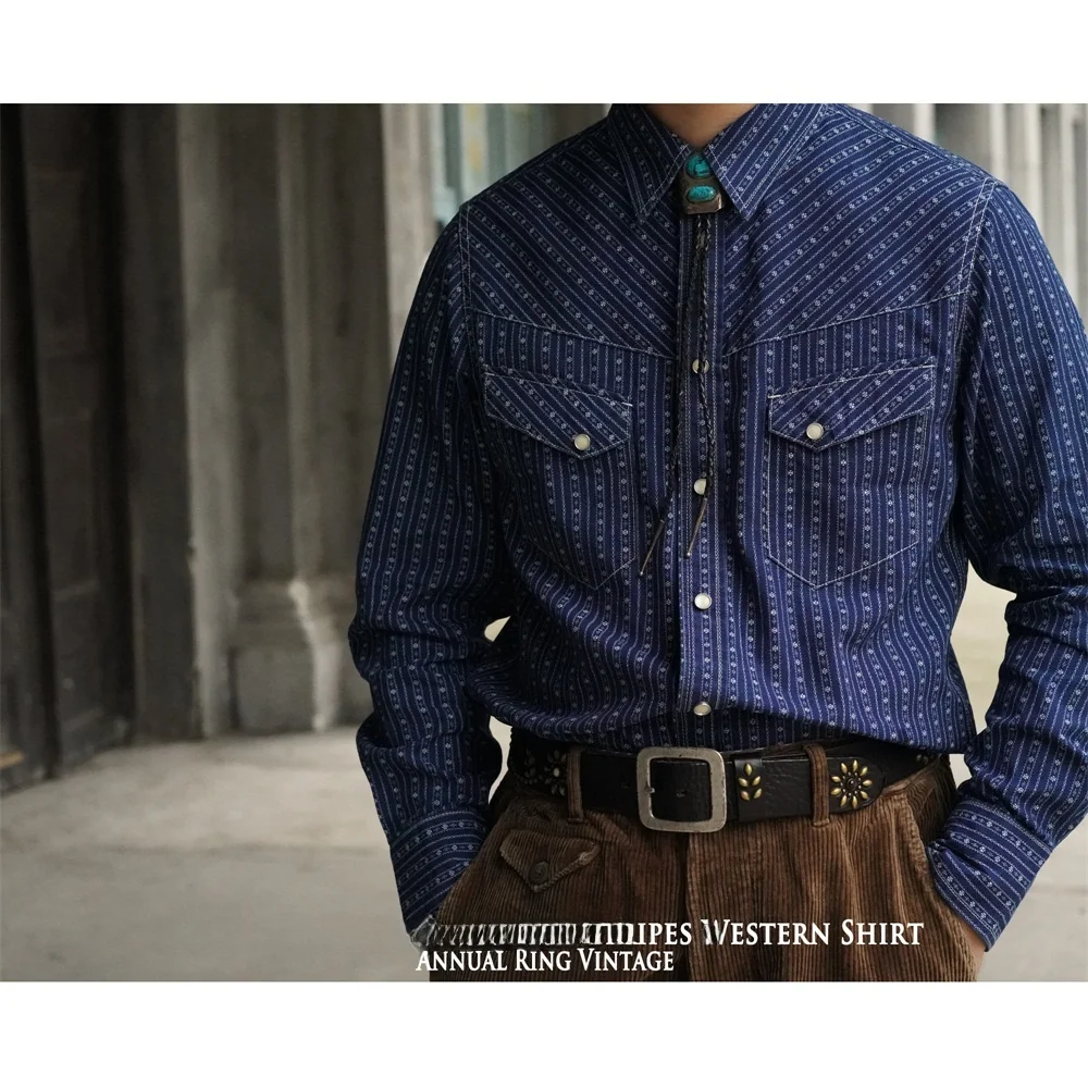 AnnualRing American Western Vintage Indigo Dye Pure Cotton Striped Casual Long Sve Men's irt Autumn Faion Urban Sle
AnnualRing American Western Vintage Indigo Dye Pure Cotton Striped Casual Long Sve Men's irt Autumn Faion Urban Sle