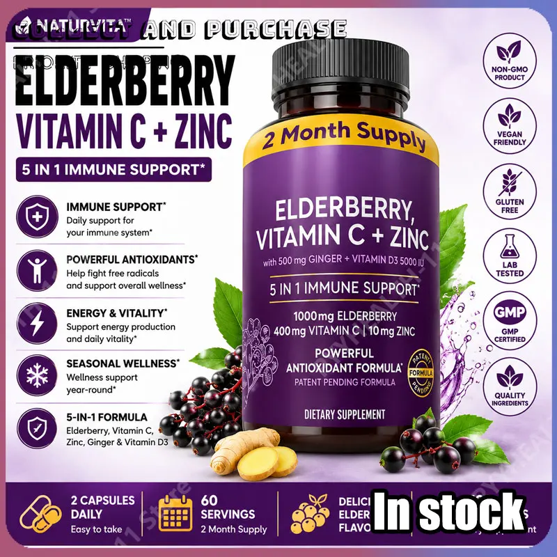 Elderberry Vitamin C Zinc and Ginger Capsules with Vitamin D3 5000 IU Antioxidant Botanical Blend Daily Nutritional Supplement
Elderberry Vitamin C Zinc and Ginger Capsules with Vitamin D3 5000 IU Antioxidant Botanical Blend Daily Nutritional Supplement
