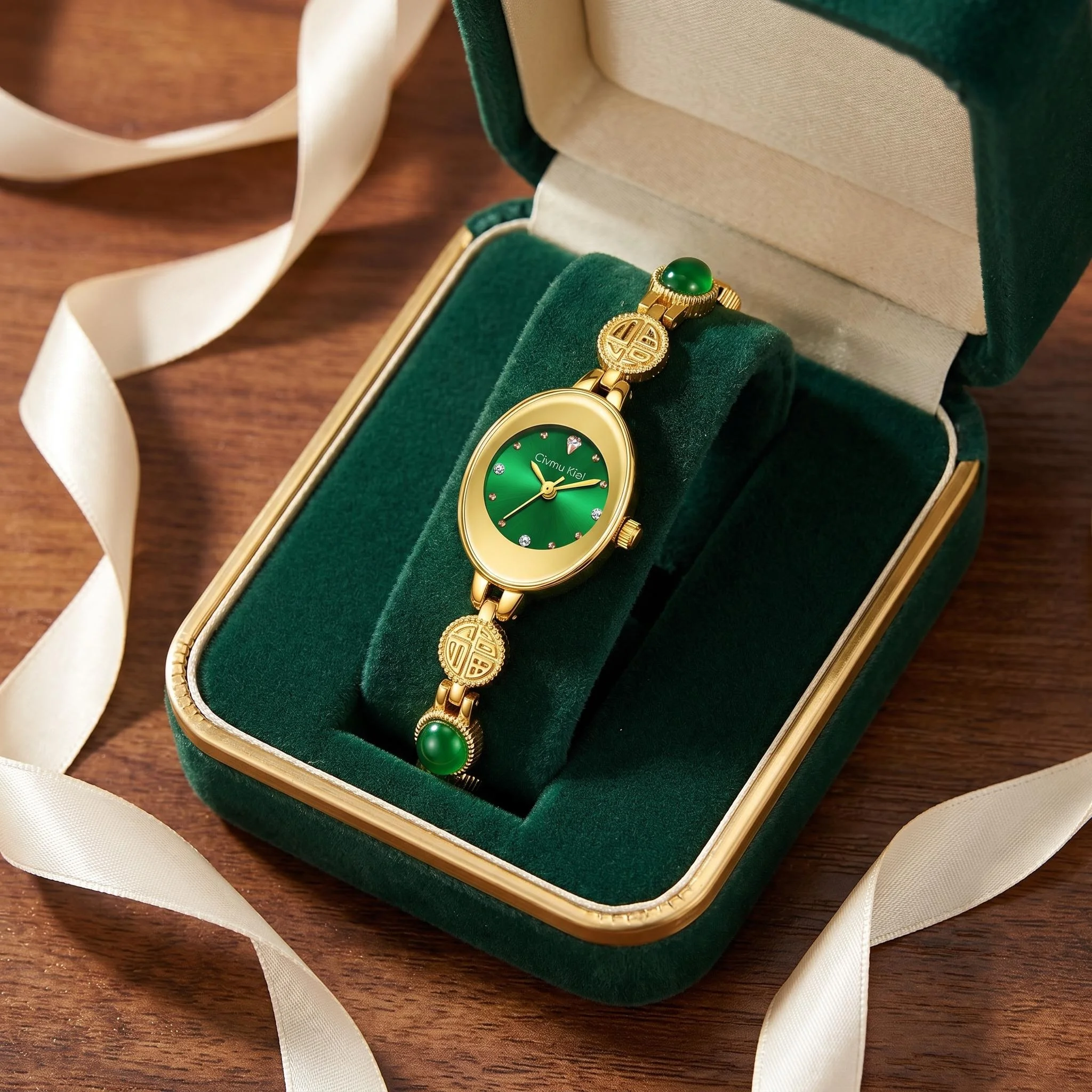 A lady's gold case quartz watch with a green face and a Chinese element "Fu" pattern strap, suitable as a gift to give.
A lady's gold case quartz watch with a green face and a Chinese element "Fu" pattern strap, suitable as a gift to give.