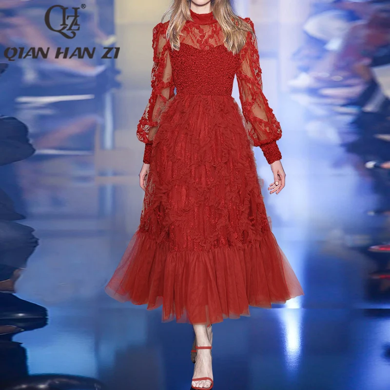 QHZ Designer Fashion maxi dress Women Lantern sleeved Vintage perspective Mesh embroidery Shirring Applique Lace Slim Long dress
QHZ Designer Fashion maxi dress Women Lantern sleeved Vintage perspective Mesh embroidery Shirring Applique Lace Slim Long dress