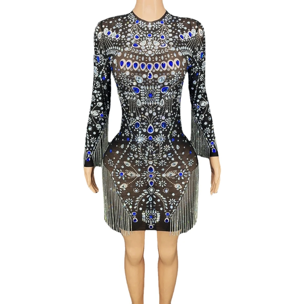 New Evening Celebrate Birthday Dress Women Sparkly Rhinestones Chains Black Mesh Short Dress Prom Party Outfit Show Stage Wear
New Evening Celebrate Birthday Dress Women Sparkly Rhinestones Chains Black Mesh Short Dress Prom Party Outfit Show Stage Wear