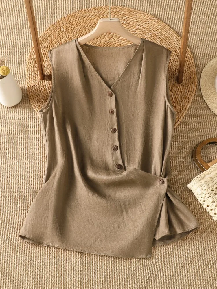 Retro Asymmetrical Button-Up V-Neck Sleeveless Shirt Women's Summer New Lazy Style Loose Fit Pure Color French Style Shirt
Retro Asymmetrical Button-Up V-Neck Sleeveless Shirt Women's Summer New Lazy Style Loose Fit Pure Color French Style Shirt