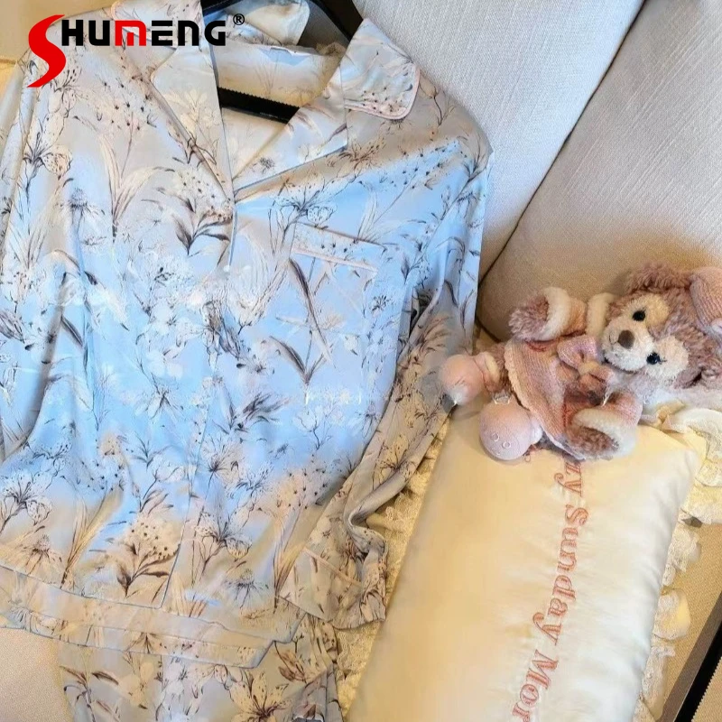 Blue Sexy Pajama Suits for Women Ice Silk Spring and Autumn New Home Wear Female Japanese Pure Desire Style Sleep Set
Blue Sexy Pajama Suits for Women Ice Silk Spring and Autumn New Home Wear Female Japanese Pure Desire Style Sleep Set