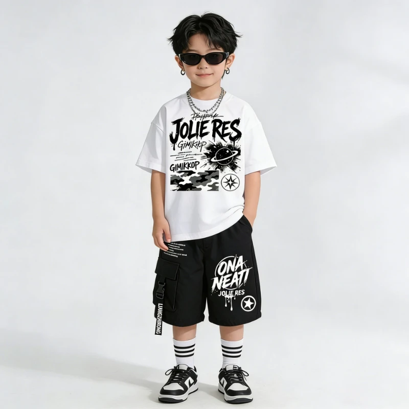 New Hip Hop Dance Costumes for Boys White Print T Shirt Black Shorts Streetwear Outfits Modern Jazz Stage Performance Clothes
New Hip Hop Dance Costumes for Boys White Print T Shirt Black Shorts Streetwear Outfits Modern Jazz Stage Performance Clothes