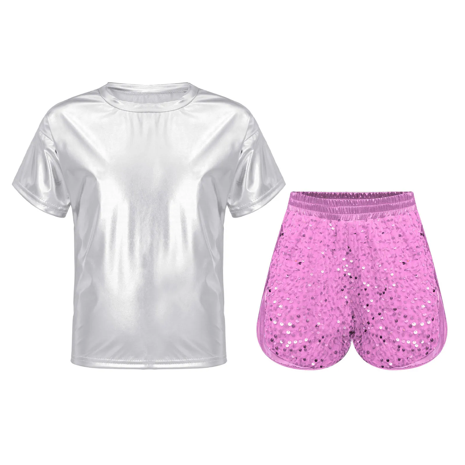 Two Piece Outfits Girls Boys Shiny Dance Performance Costume Tops Short Sleeve Metallic Shiny T-shirt with Sequins Velvet Shorts
Two Piece Outfits Girls Boys Shiny Dance Performance Costume Tops Short Sleeve Metallic Shiny T-shirt with Sequins Velvet Shorts