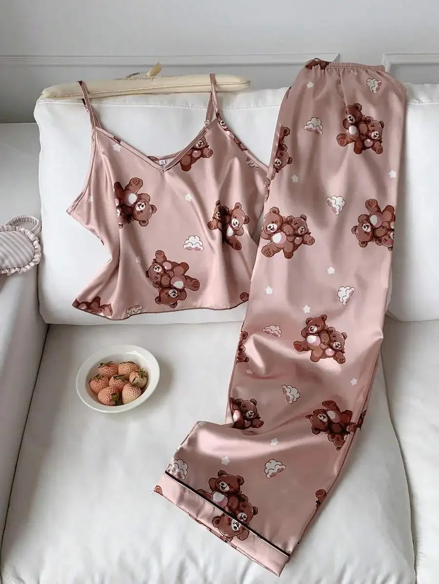 Women Bear Print Satin Camisole And Pants Pajama Set
Women Bear Print Satin Camisole And Pants Pajama Set