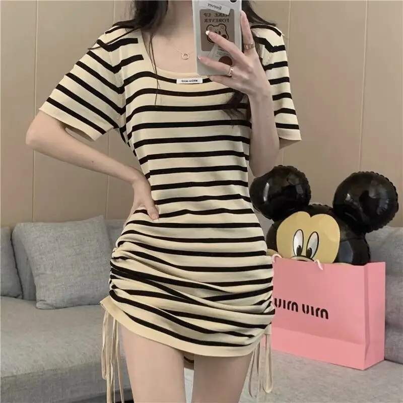 Women's Trendy Square Collar Striped Drawstring Streetwear Dresses Summer Casual Short Sleeve Loose T Shirt Mini Dress Q754
Women's Trendy Square Collar Striped Drawstring Streetwear Dresses Summer Casual Short Sleeve Loose T Shirt Mini Dress Q754