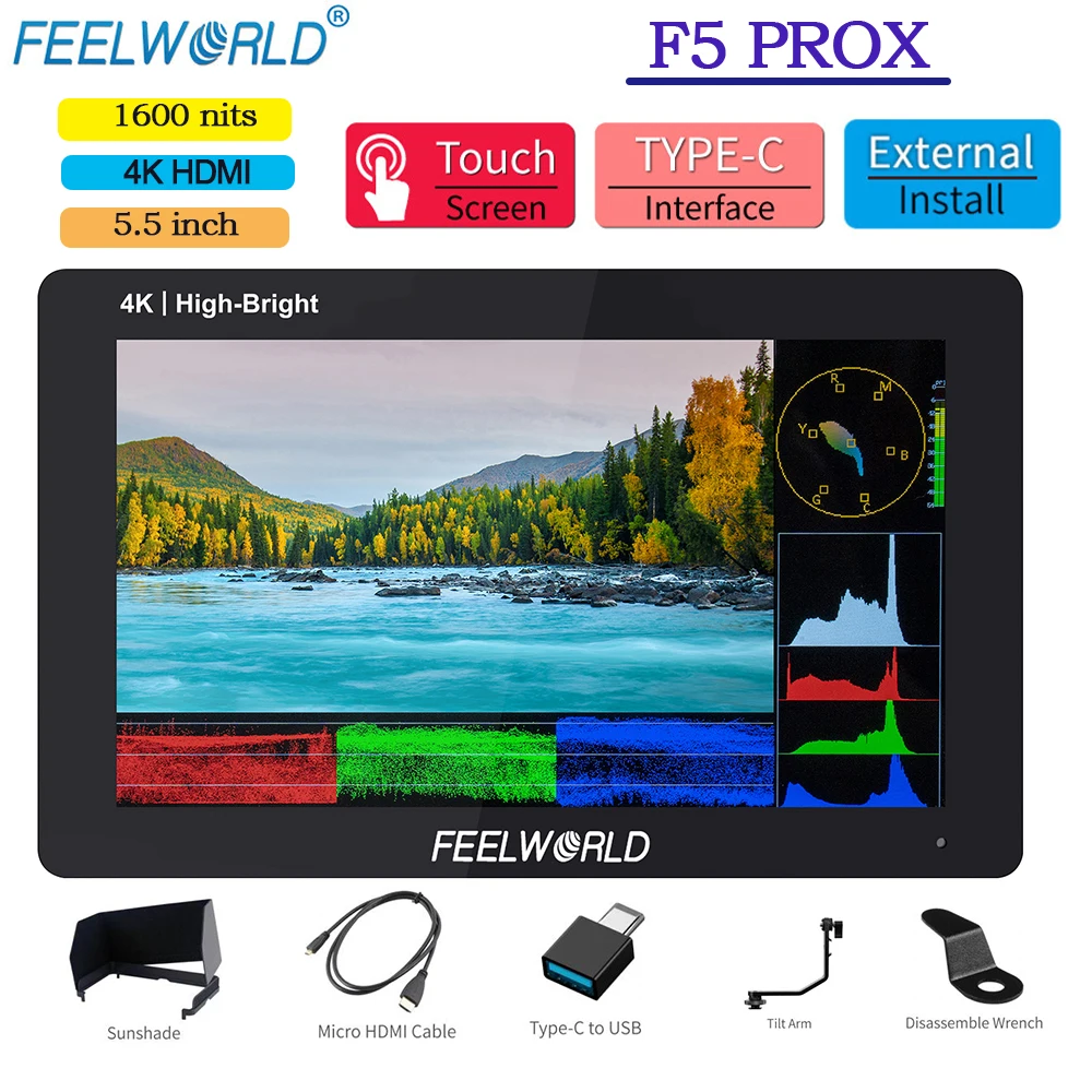 Сенсорный экран FEELWORLD F5 PROX, 5,5 дюйма, 1600nit, портативная камера, 3D лют, 4K, HDMI, 1920x1080, поворотный рычаг, F970, внешний комплект Type-c
Сенсорный экран FEELWORLD F5 PROX, 5,5 дюйма, 1600nit, портативная камера, 3D лют, 4K, HDMI, 1920x1080, поворотный рычаг, F970, внешний комплект Type-c