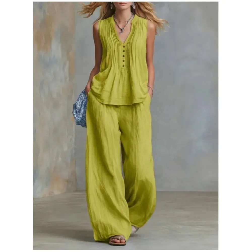 Fashion Pleated V-neck Sleeveless Women's Tops 2-piece Summer Casual Loose Wide-leg Trousers Female Elegant Office Trousers Set
Fashion Pleated V-neck Sleeveless Women's Tops 2-piece Summer Casual Loose Wide-leg Trousers Female Elegant Office Trousers Set