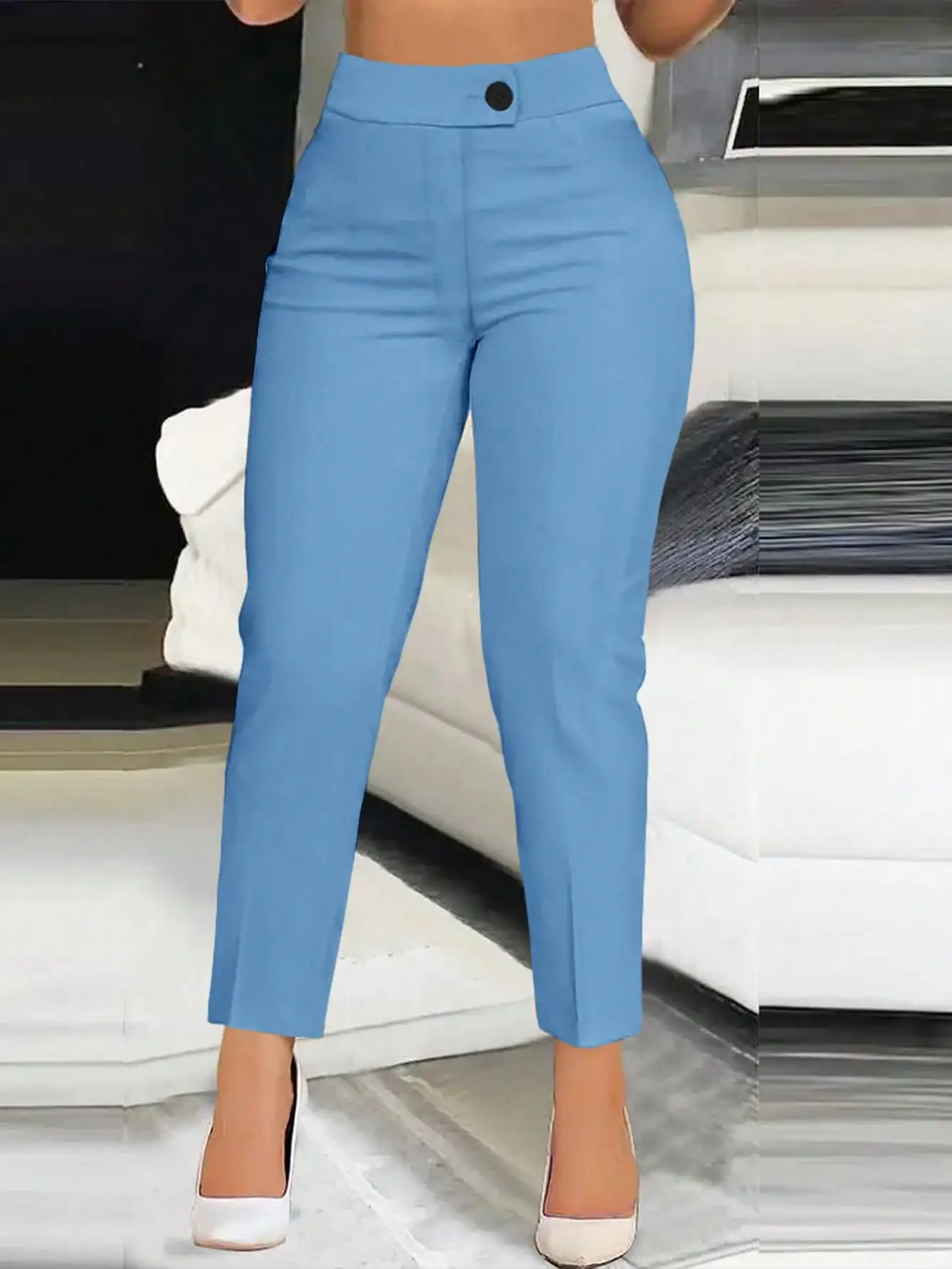Women's High-Waisted Solid Blue Straight-Cut Casual Pants with Button Closure
Women's High-Waisted Solid Blue Straight-Cut Casual Pants with Button Closure