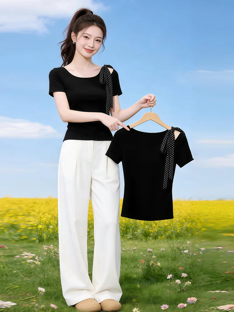 Pure Desire Wave Dot Belted Shoulder Bared Short Sleeve T Shirt Women's Summer New Slimming Black Versatile Casual Top
Pure Desire Wave Dot Belted Shoulder Bared Short Sleeve T Shirt Women's Summer New Slimming Black Versatile Casual Top