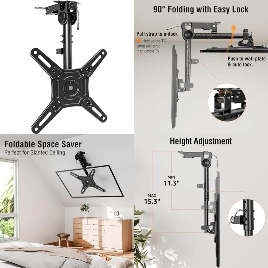 Flip Down Ceiling TV Mount for Most 14-40 Inch TVs, Floding TV Mount for Flat and Pitched Roof, Height Adjustable Full Motion tv Bracket 360° Swivel for Patio, Max VESA 200x200mm, up to 22 Lbs
Flip Down Ceiling TV Mount for Most 14-40 Inch TVs, Floding TV Mount for Flat and Pitched Roof, Height Adjustable Full Motion tv Bracket 360° Swivel for Patio, Max VESA 200x200mm, up to 22 Lbs