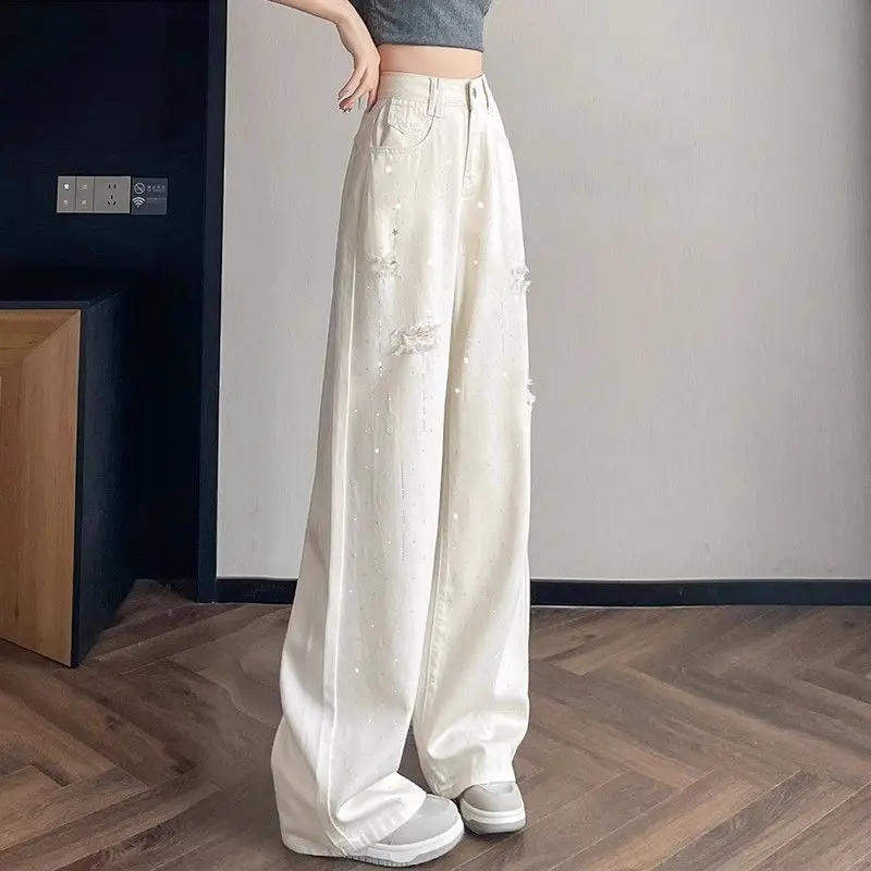White Breathable Wide-leg Jeans for Women Ripped Pants for Summer High Waisted Diamond Floor Pants
White Breathable Wide-leg Jeans for Women Ripped Pants for Summer High Waisted Diamond Floor Pants