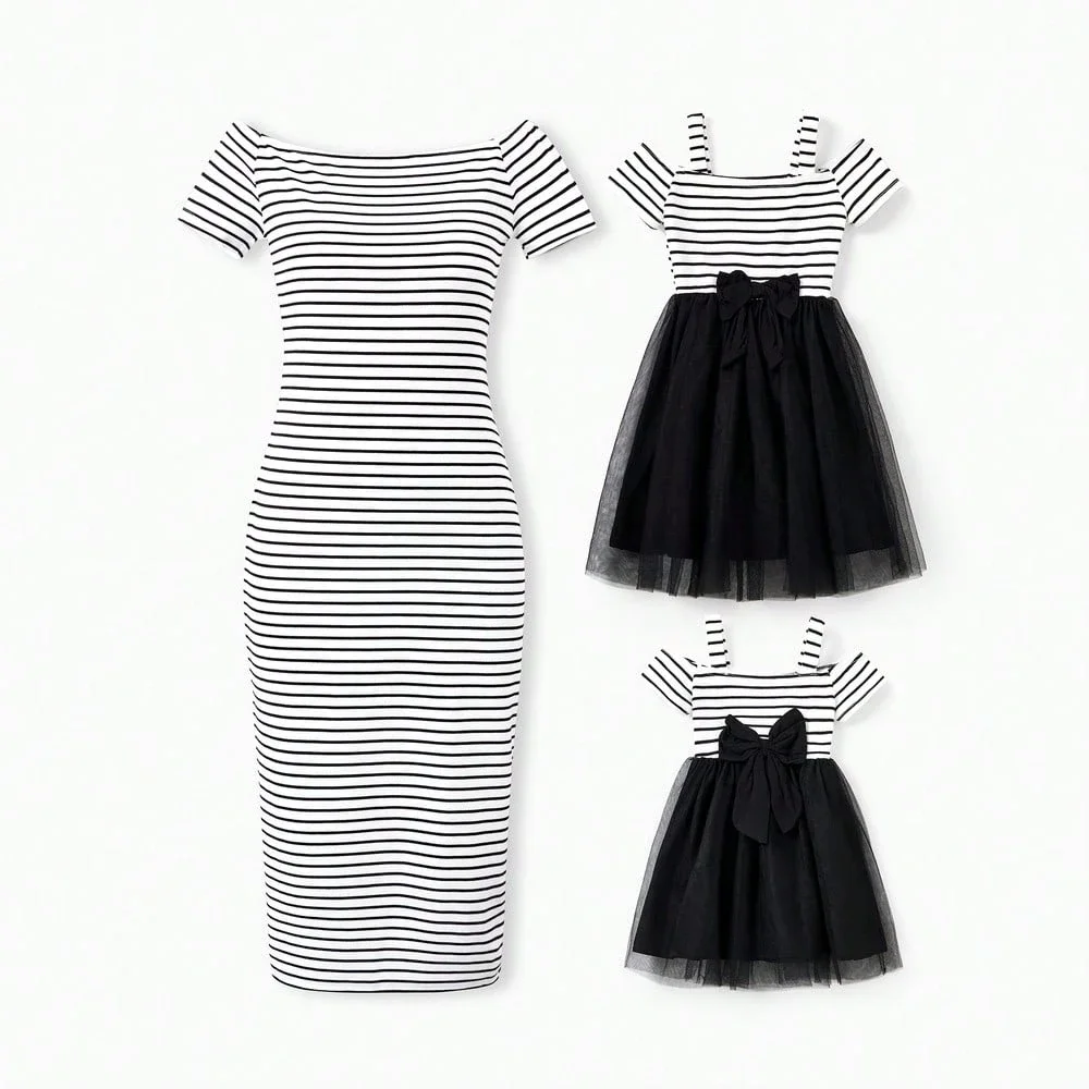 Women Striped Off Shoulder Short Sleeve Bodycon Dress With Tulle Skirt
Women Striped Off Shoulder Short Sleeve Bodycon Dress With Tulle Skirt