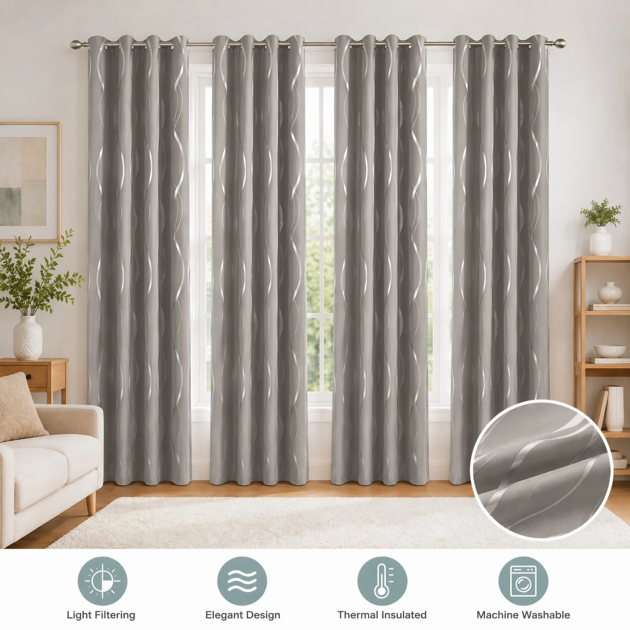 Luxury Blackout Curtains 4 Panels Silver Foil Wave Design Window Drapes Grommet Top Thermal Insulated Privacy Curtains 5 Colors Available
Luxury Blackout Curtains 4 Panels Silver Foil Wave Design Window Drapes Grommet Top Thermal Insulated Privacy Curtains 5 Colors Available