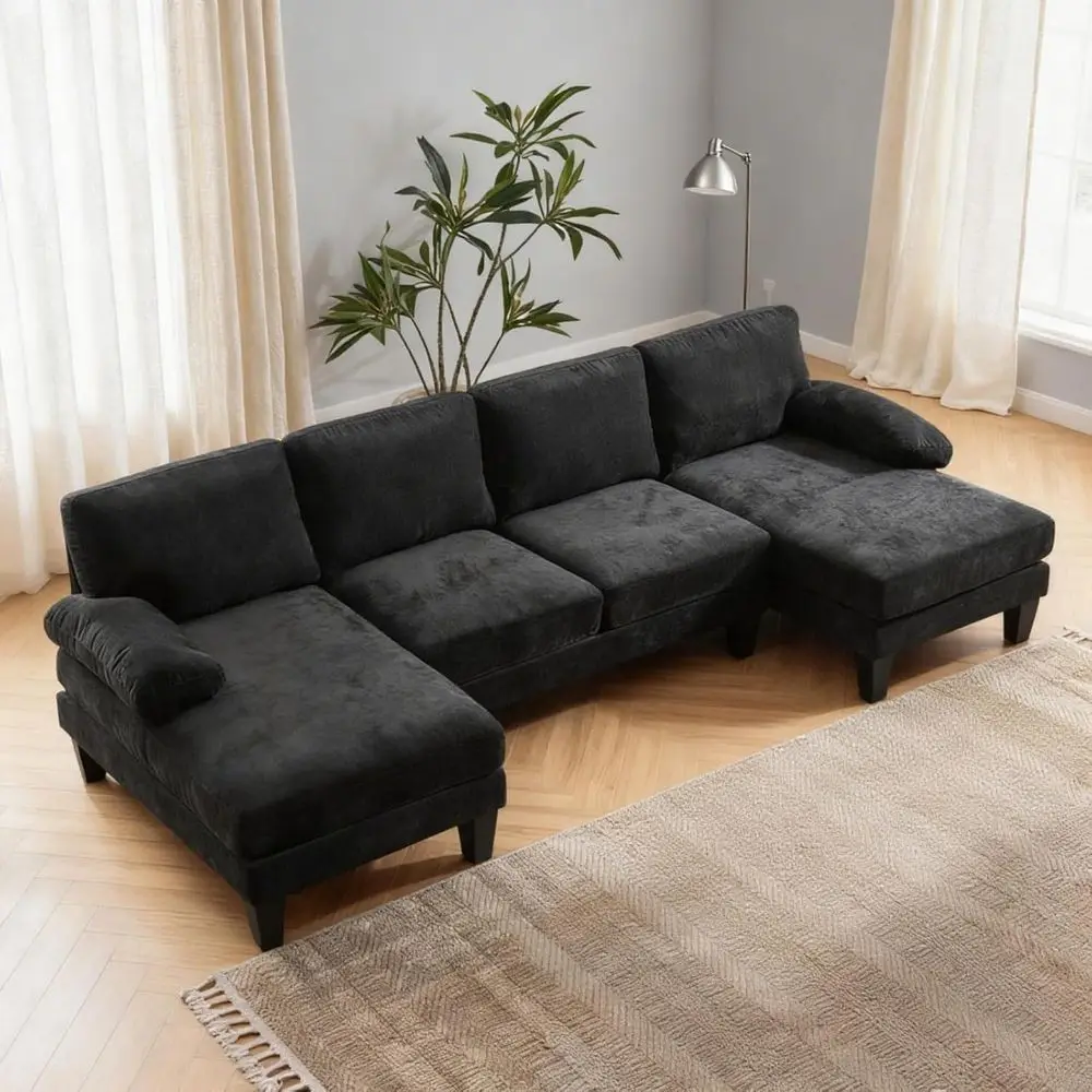 4-Seat U-Shape Sectional Sofa with Chaise, Chenille Fabric, Convertible, Wood Grain Legs for Living Room, Black
4-Seat U-Shape Sectional Sofa with Chaise, Chenille Fabric, Convertible, Wood Grain Legs for Living Room, Black
